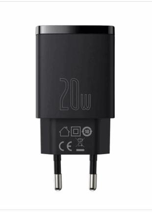 Зарядное устройство для мпз baseus compact quick charger 20w qc+ pd (type-c+usb) black