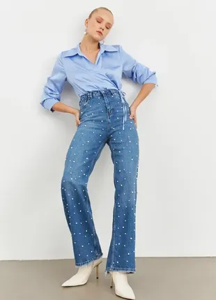 Крутые джинсы с высокой посадкой zara с жемчугом, бусинками