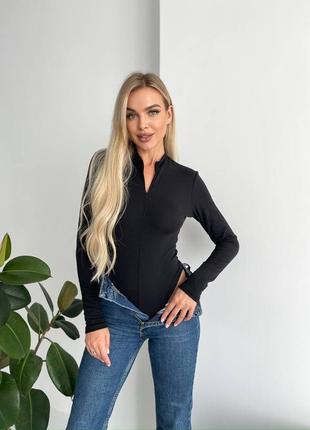 Теплый женский боди с длинным рукавом лонгслив джерси на флисе 42-48 черный