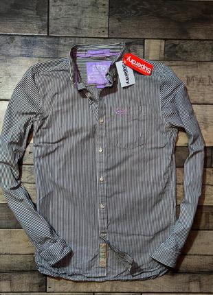 Мужская элегантная приталиная хлопоковая  винтажная  рубашка superdry casual  в сером цвете в полоску размер l
