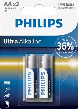 Алкалінові батарейки philips ultra alkaline аа стрічка 2 шт (lr6e2b/10)
