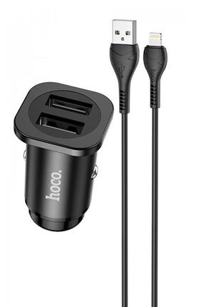 Адаптер автомобильный hoco lightning cable wise road dual port car charger set nz4 |2usb, 4.8a|  black