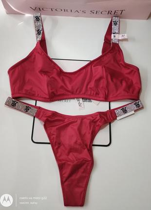 Комплект бюстгальтер з камінцями стразами вікторія сікрет victoria's secret та трусики стрінги