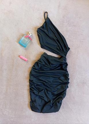 Трендовое эффектное двухслойное клубное качественное платье на одно плечо с драпировкой по бокам имитация костюма