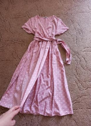 Длинное шикарное платье,на запах,розовый горох6 фото