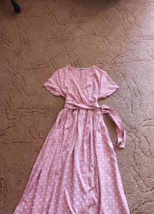 Длинное шикарное платье,на запах,розовый горох5 фото