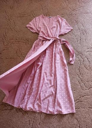Длинное шикарное платье,на запах,розовый горох7 фото