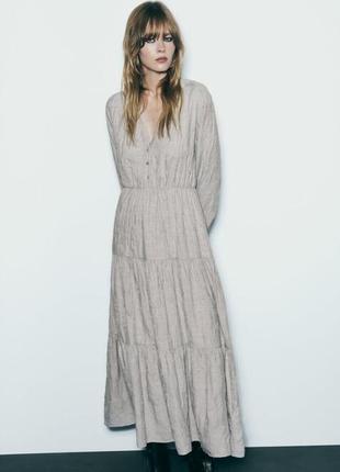 Серое платье миди с вышивкой zara - s, m, l