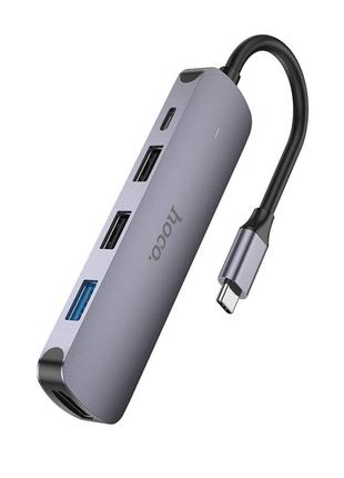 Usb-hub адаптер hoco hb27 type-c multi-function converter(hdtv+usb3.0+usb2.0*2+pd) metal gray