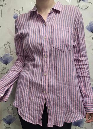 Женская сине-розовая полосатая льняная рубашка-бойфренд с длинным рукавом gap2 фото