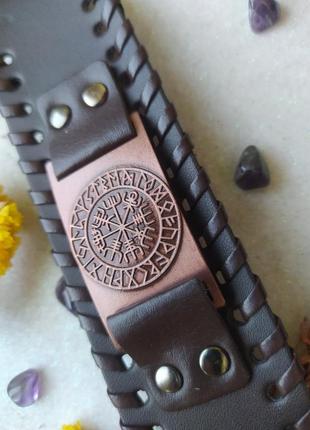 Мужской браслет из искусственной кожи скандинавского стиля &lt;unk&gt; вегвизир компас руны викинги рунический круг цвет бронза медь3 фото