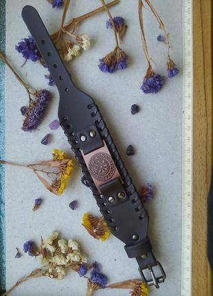 Мужской браслет из искусственной кожи скандинавского стиля &lt;unk&gt; вегвизир компас руны викинги рунический круг цвет бронза медь2 фото