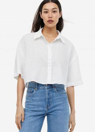 Льняная укороченная рубашка h&m женский свет бежевого цвета