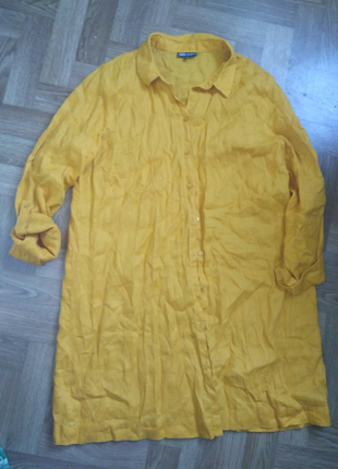 Льняная рубашка платья оранжевая2 фото