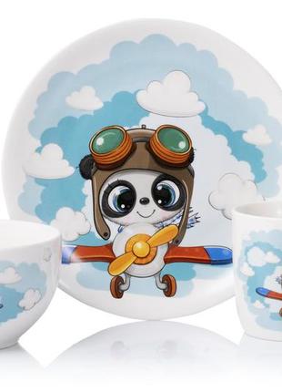 Набір порцелянового дитячого посуду ardesto panda pilot на 3 предмети (ar3451ps)