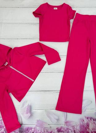Костюм в рубчик трикотажний прогулянковий трійка для дівчинки костюмчик спортивний підлітковий кофта вкорочена з капюшоном штани палацо2 фото