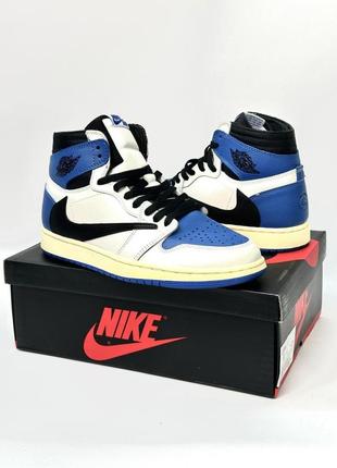 Кроссовки высокие jordan 1 low x travis scott (cactus jack) белые с синим1 фото