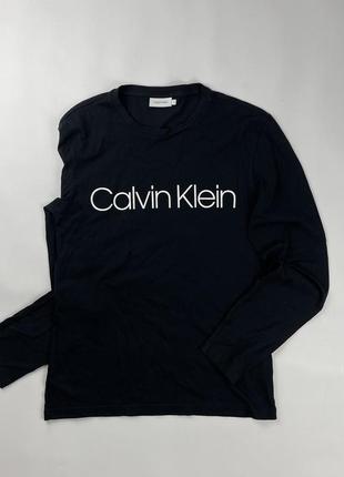 Calvin klein лонгслів чорний тонкий бавовна великий логотип