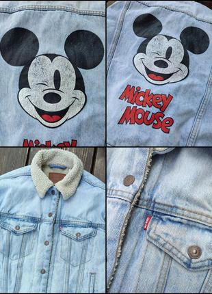 Levis x mickey mouse disney жіноча джинсова шерпа/куртка рідкісна з принтом мікі маус на спині світло-синя блакитна8 фото