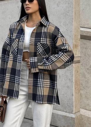 Тепла картата шерстяна сорочка з вовною в клітинку подовжена під zara mango оверсайз батал шоколадна твидова фланелева