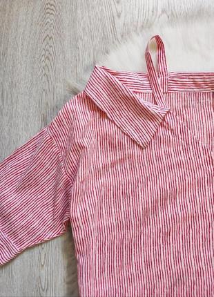 Натуральная длинная рубашка блуза в полоску белая красная туника с открытыми голыми8 фото
