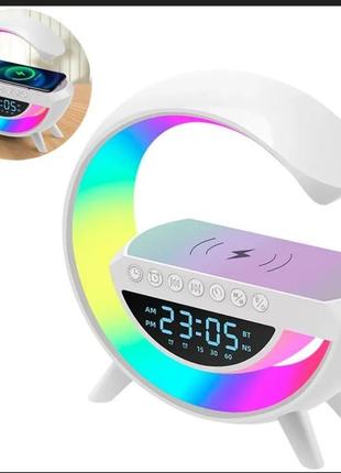 Настільна смарт лампа нічник годинник  rgb та бездротовою зарядкою та bluetooth колонка будильник радіо біла