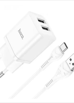 Зарядний пристрій мпз з кабелем usb to type-c hoco n25 maker 35w (2 usb) white