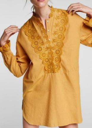 Удлиненная рубашка туника из смесового льна блуза с декоративным вышивкой платье от zara5 фото