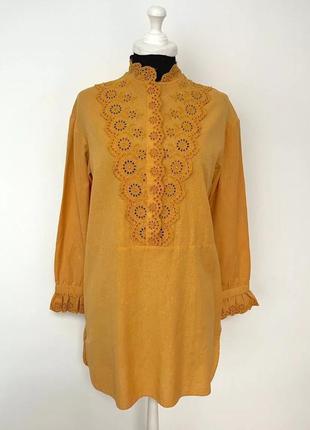 Удлиненная рубашка туника из смесового льна блуза с декоративным вышивкой платье от zara7 фото
