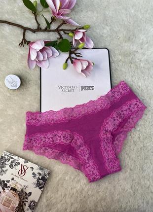 Трусики бікіні victorias secret бавовняні з мереживом рожеві оригінал вікторія сікрет