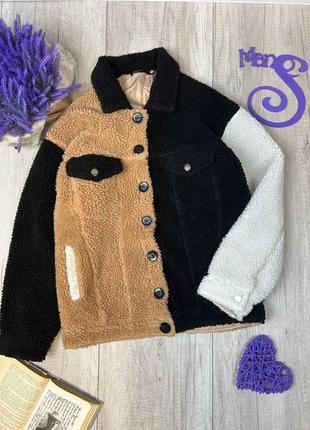 Жіноча куртка missguided тедді чорного бежевого та білого кольору розмір м (46)