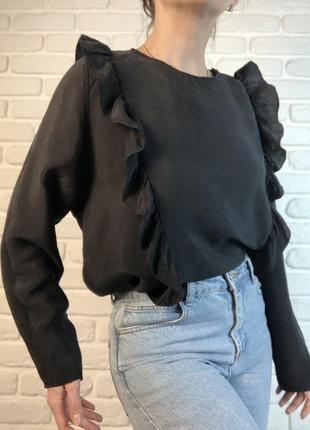 Шикарная черная шелковая блуза zara с воланами. натуралтная нарядная блуза с купро1 фото