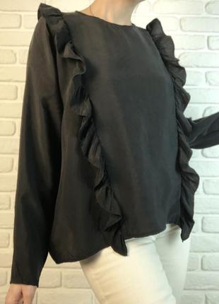 Шикарная черная шелковая блуза zara с воланами. натуралтная нарядная блуза с купро10 фото