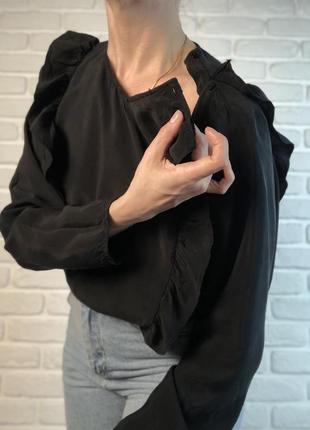 Шикарная черная шелковая блуза zara с воланами. натуралтная нарядная блуза с купро4 фото