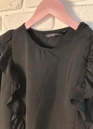 Шикарная черная шелковая блуза zara с воланами. натуралтная нарядная блуза с купро9 фото