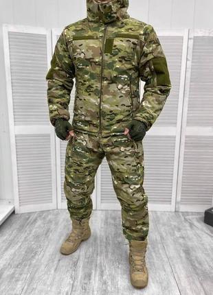 Зимовий тактичний чоловічий костюм softshell (водонепроникний) на флісі + синтепон камуфляж мультикам m
