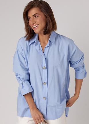 Жіноча сорочка oversize прикрашена гудзиками зі стразами - блакитний цвет, l (є розміри)