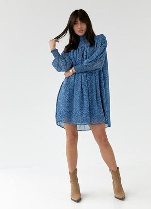 Шифонова сукня міді з коміром стійкою hot fashion - синій цвет, s (є розміри)