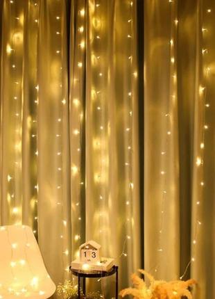 Светодиодная гирлянда штора водопад 240-ww led 3х2м (белый шнур, переходник) золотой свет