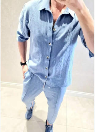 Костюм 2-ка мужской (брюки+рубашка) лён-жатка s-m,l-xl,2xl-3xl razg802-ат91iве