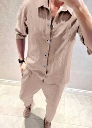 Костюм 2-ка мужской (брюки+рубашка) лён-жатка s-m,l-xl,2xl-3xl razg802-ат91iве