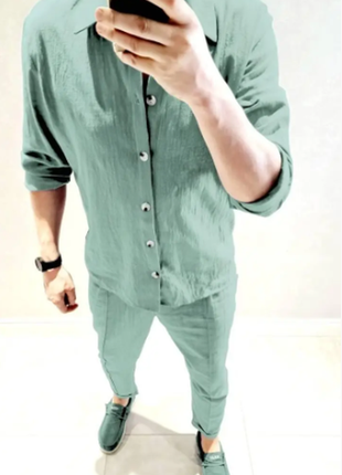 Костюм 2-ка мужской (брюки+рубашка) лён-жатка s-m,l-xl,2xl-3xl razg802-ат91iве