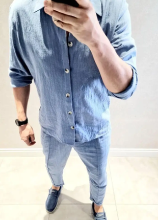 Костюм 2-ка мужской (брюки+рубашка) лён-жатка s-m,l-xl,2xl-3xl razg802-ат91iве