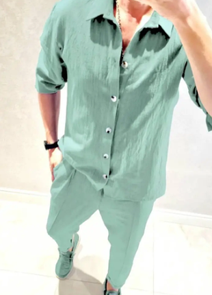 Костюм 2-ка мужской (брюки+рубашка) лён-жатка s-m,l-xl,2xl-3xl razg802-ат91iве