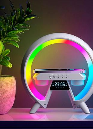 Ночная лампа аккумуляторная xm-x63 rgb + часы + беспроводная зарядка + bluetooth колонкой (белый)7 фото