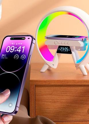 Ночная лампа аккумуляторная xm-x63 rgb + часы + беспроводная зарядка + bluetooth колонкой (белый)9 фото