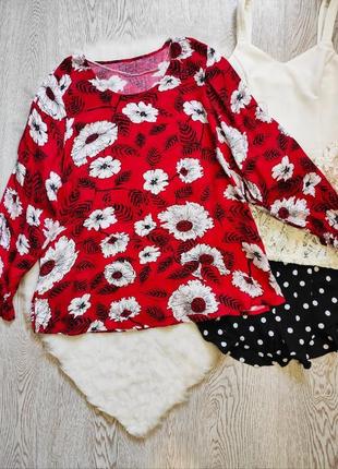 Красная белая длинная блуза туника футболка цветочный принт натуральная пышными