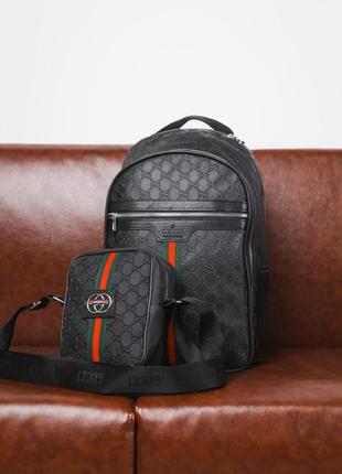 Комплект рюкзак кожаный + мессенджер gucci черный, зелено-красная полоса5 фото