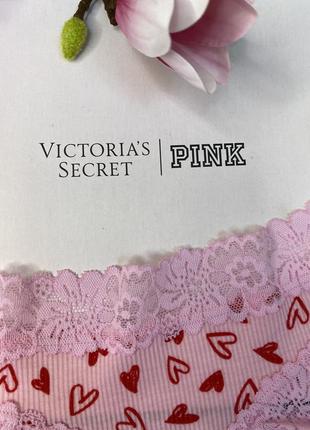 Трусики бікіні victorias secret  бавовняні з мереживом рожеві в сердечках оригінал вікторія сікрет4 фото