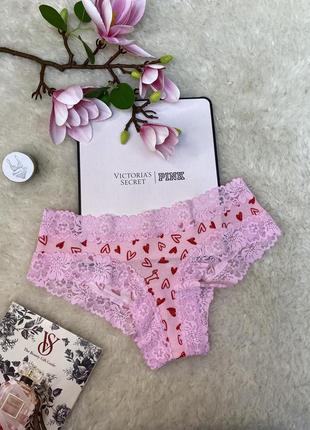 Трусики бикини victoria's secret хлопковые с кружевом розовые в сердечках оригинал виктория сикрет